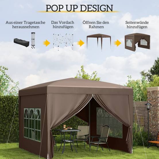 Tonnelle pliante en acier pour réception abri avec 4 parois et fenêtres 2,95x2,95m Café - ComfortXL Outdoor Living - Image 6
