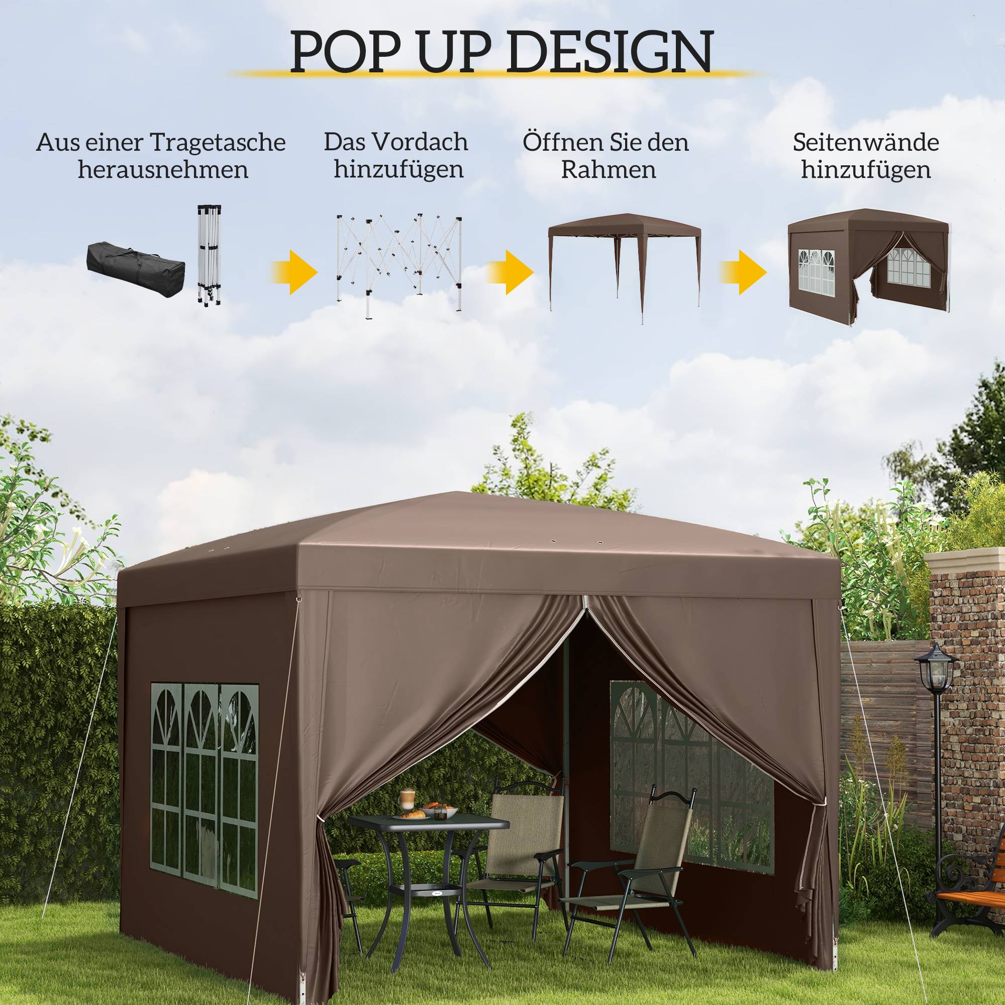 Tonnelle pliante en acier pour réception abri avec 4 parois et fenêtres 2,95x2,95m Café - ComfortXL Outdoor Living - Image 6