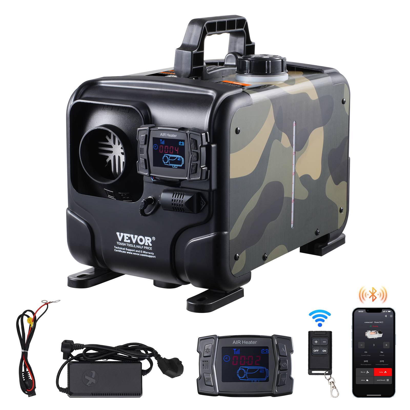 Vevor - VEVOR Chauffage diesel 8kW 12/24V, contrôle Bluetooth, télécommande, écran, alarme CO, portable/horizontal - Image 1
