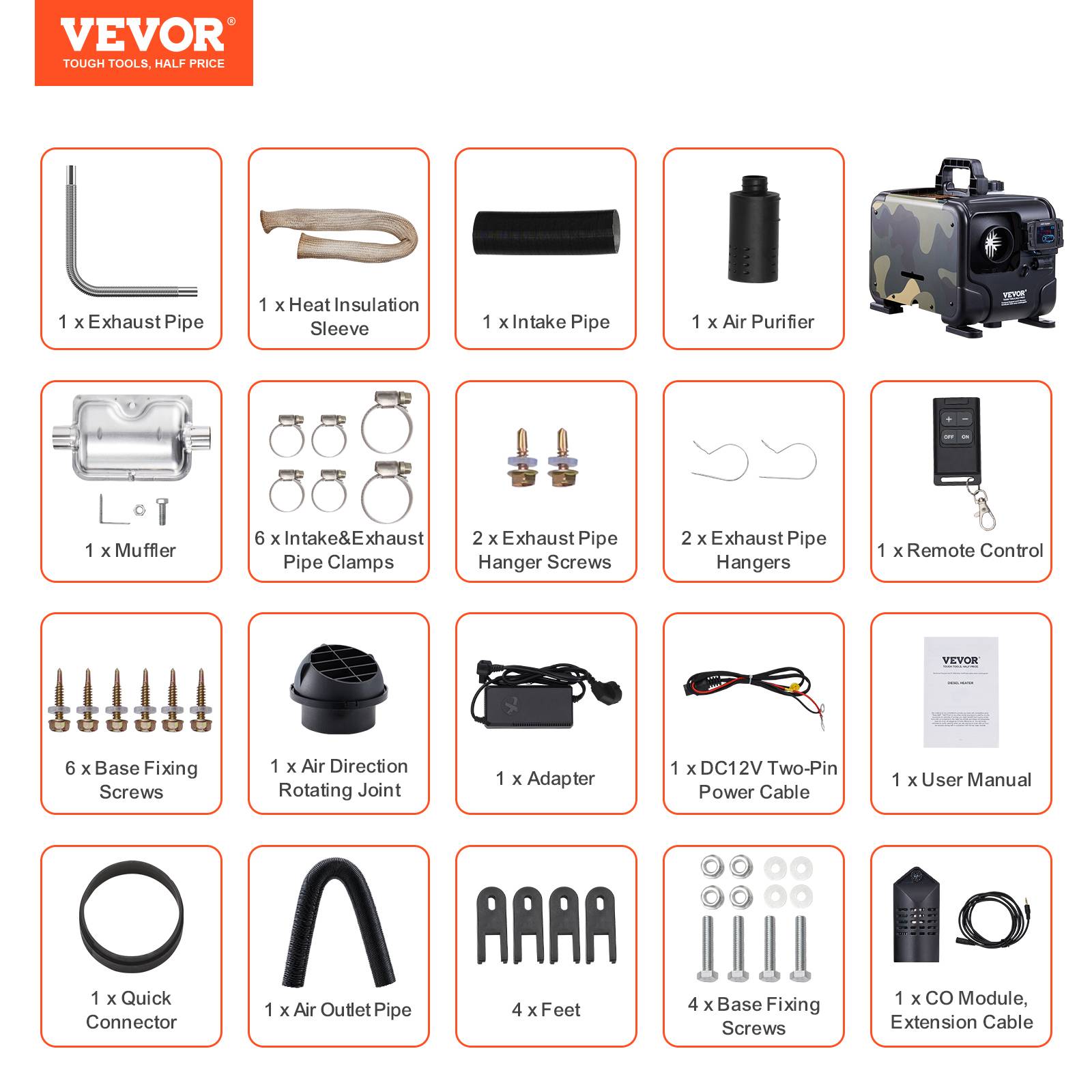 Vevor - VEVOR Chauffage diesel 8kW 12/24V, contrôle Bluetooth, télécommande, écran, alarme CO, portable/horizontal - Image 7