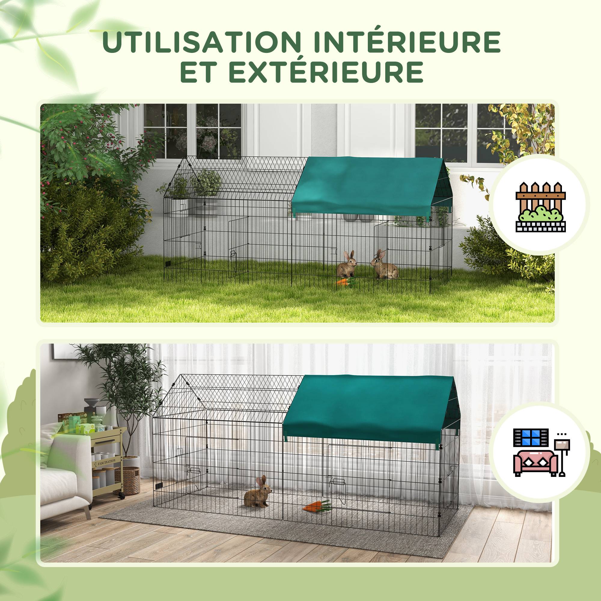 Enclos acier pour lapins poules avec toit ombragé intérieur extérieur 220x85cm vert - ComfortXL Outdoor Living - Image 7