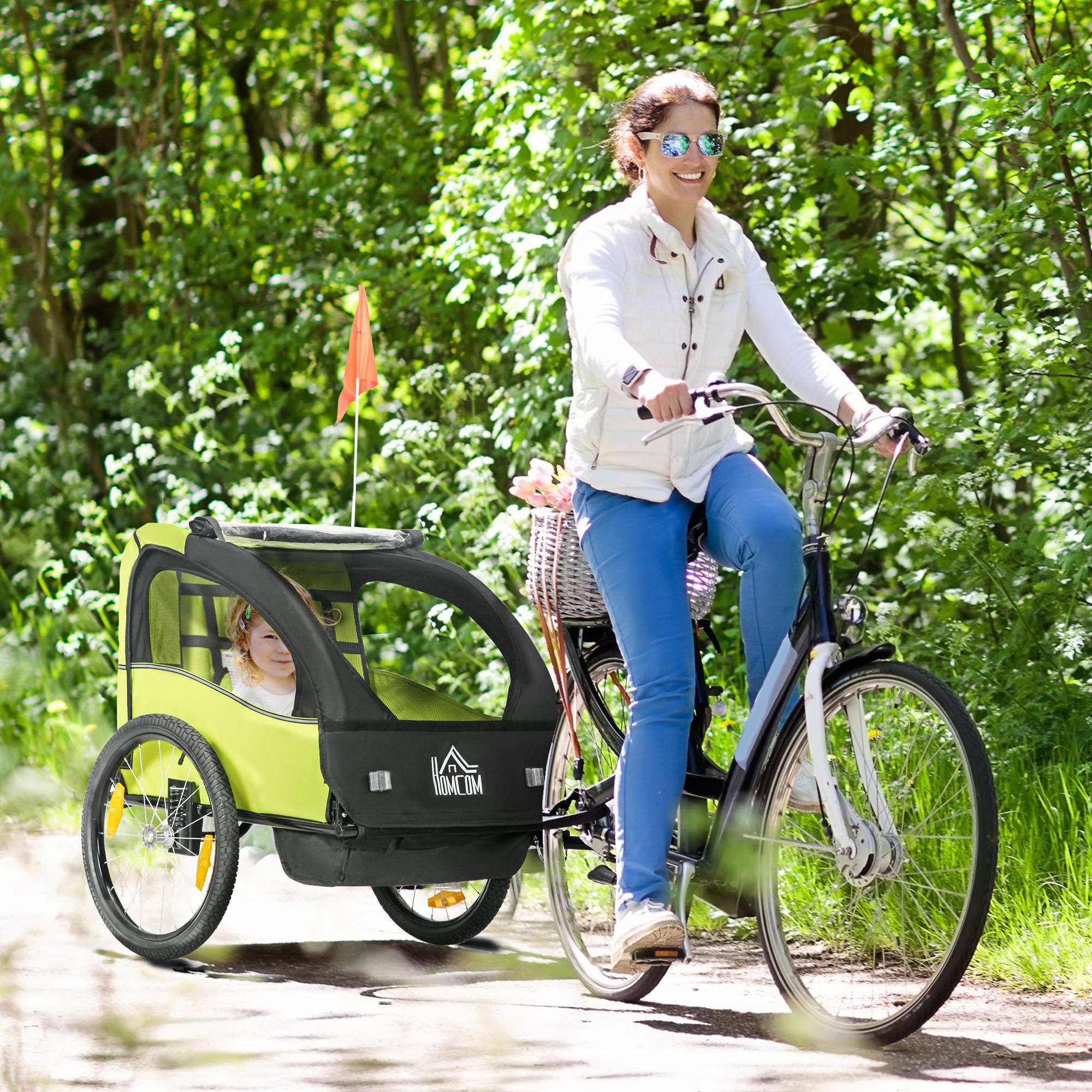 Remorque vélo pour enfants de plus de 18 mois avec ceinture de sécurité et système d'amortisseurs, 140 x 88 x 90 cm, verte - Image 3