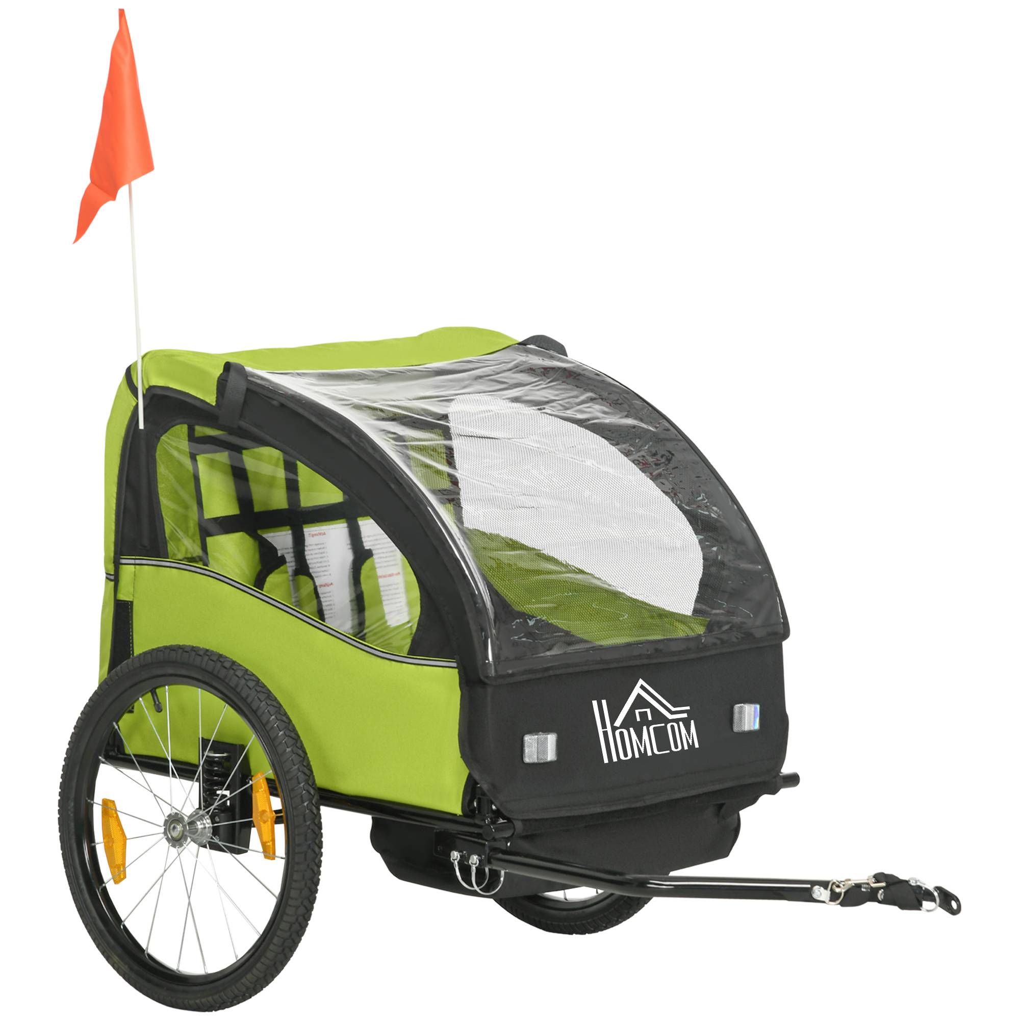 Remorque vélo pour enfants de plus de 18 mois avec ceinture de sécurité et système d'amortisseurs, 140 x 88 x 90 cm, verte - Image 1