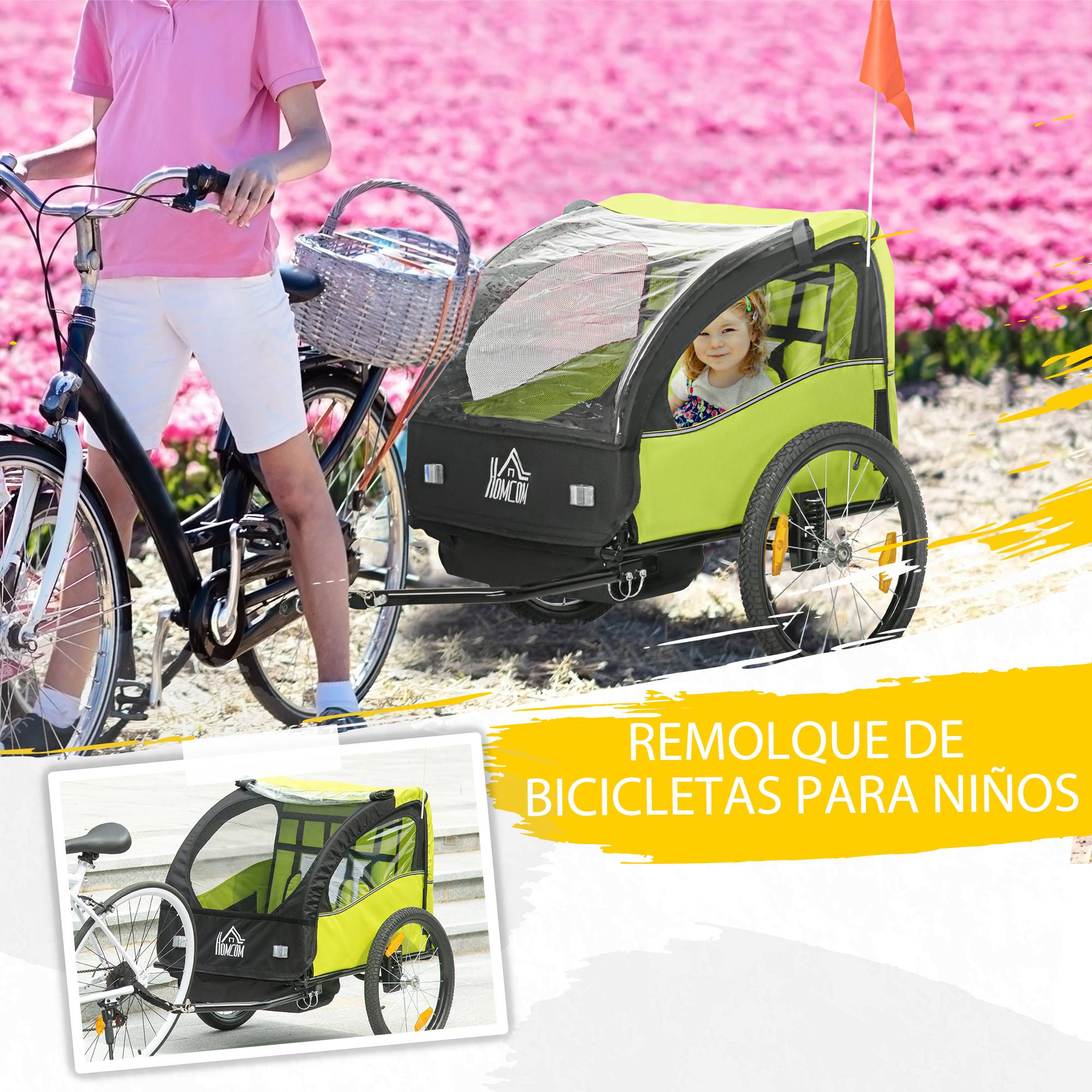 Remorque vélo pour enfants de plus de 18 mois avec ceinture de sécurité et système d'amortisseurs, 140 x 88 x 90 cm, verte - Image 6