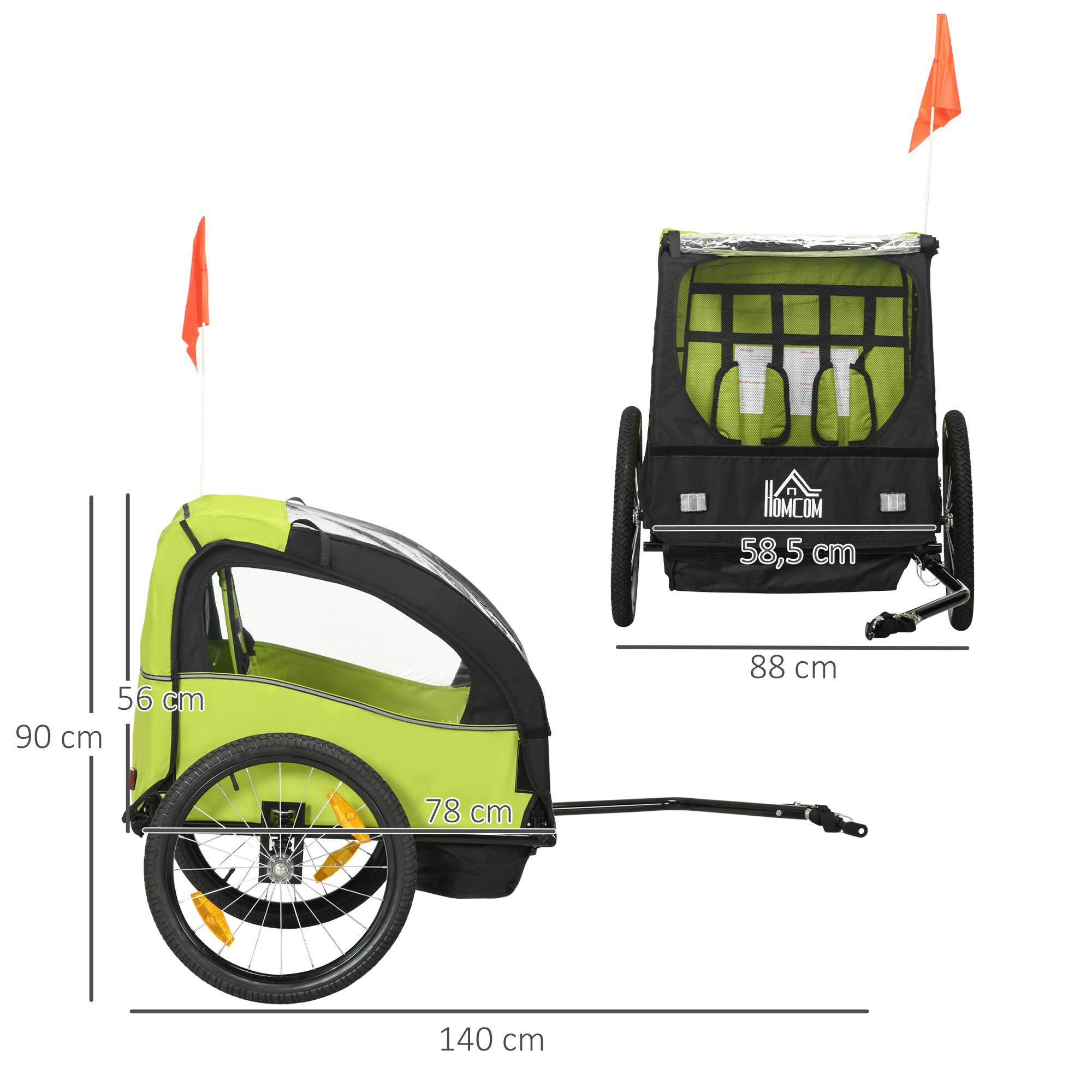 Remorque vélo pour enfants de plus de 18 mois avec ceinture de sécurité et système d'amortisseurs, 140 x 88 x 90 cm, verte - Image 5