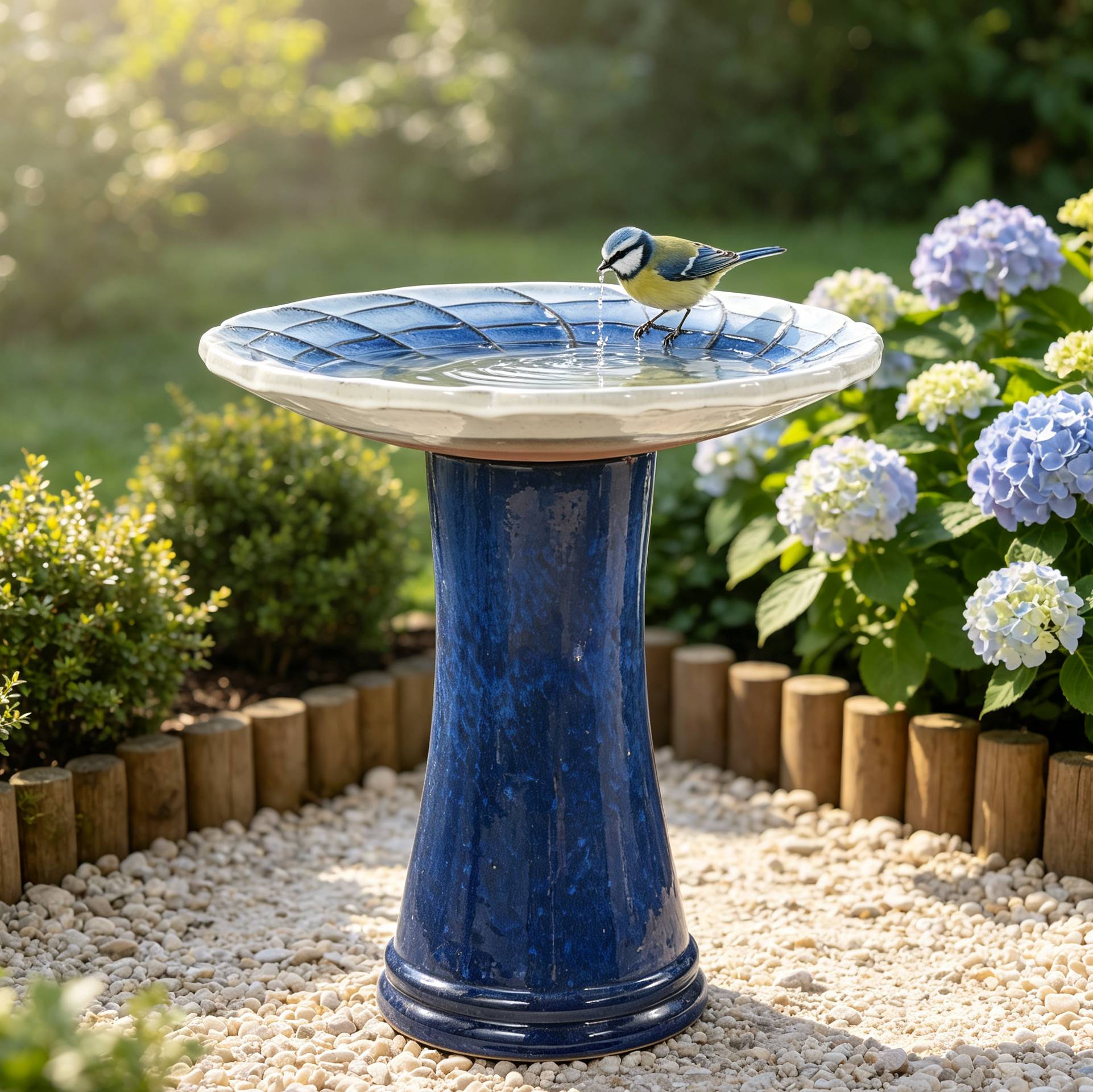 ComfortXL - Bain d’oiseaux en céramique Ø43 x H45 cm dégradé bleu royal et blanc pour jardin antigel - ComfortXL Outdoor Living