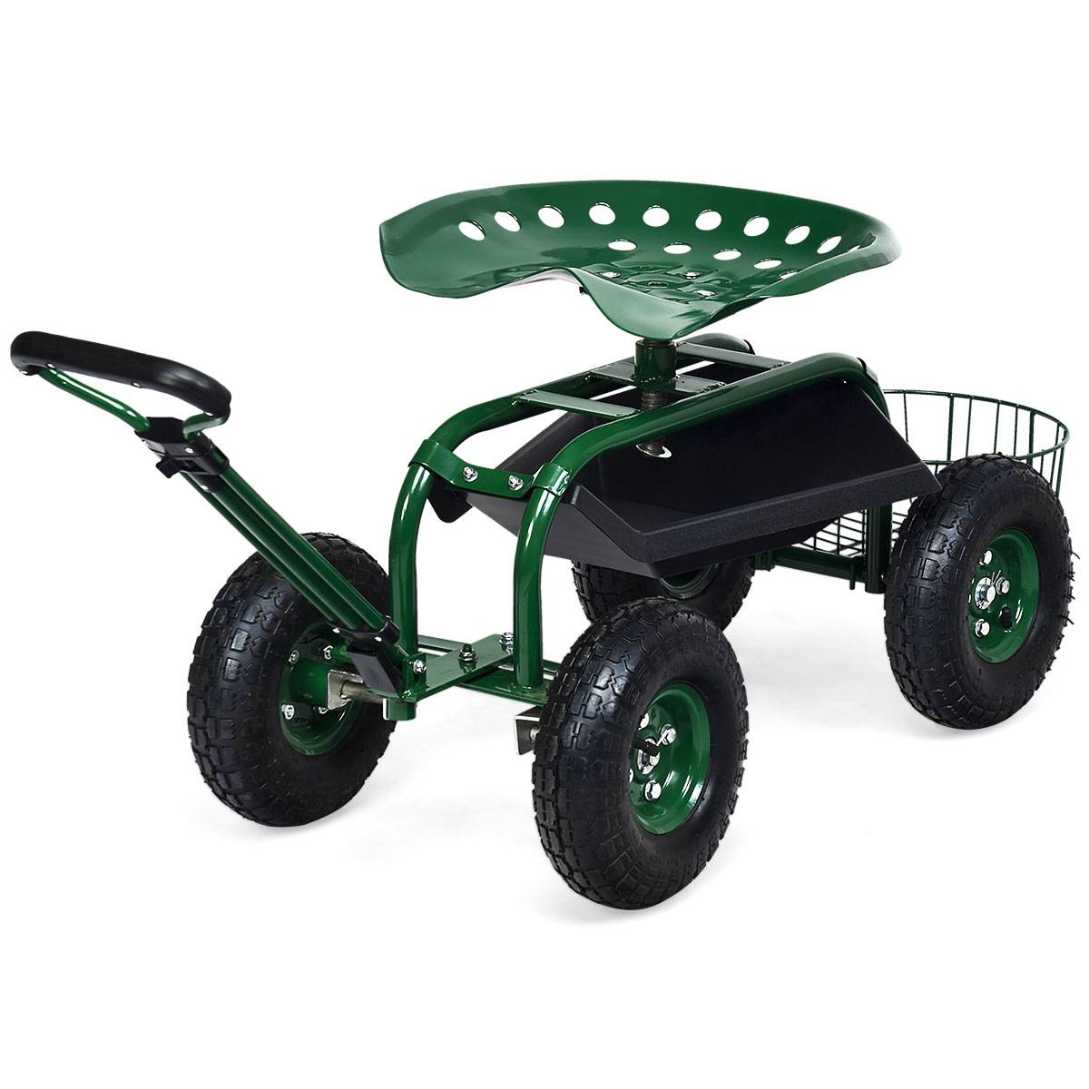 Chariot de Jardin avec Poignée Extensible Panier de Rangement et 2 Plateaux à Outils Scooter à 4 Roues 96,5 x 48,5 x 45,5-54,5 cm Vert - Image 7