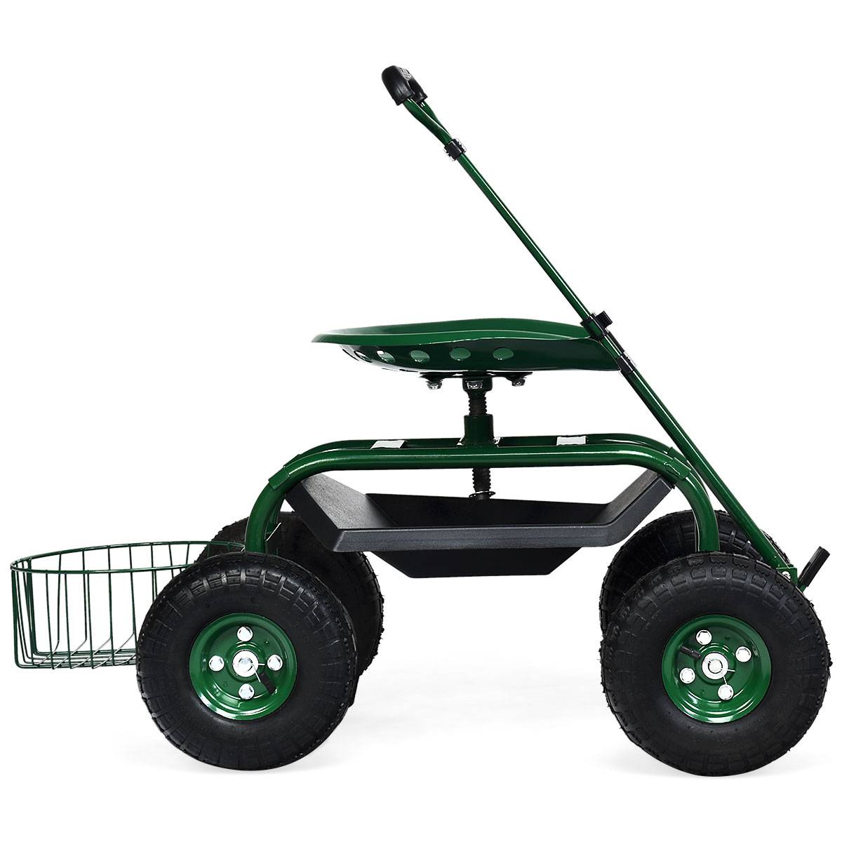 Chariot de Jardin avec Poignée Extensible Panier de Rangement et 2 Plateaux à Outils Scooter à 4 Roues 96,5 x 48,5 x 45,5-54,5 cm Vert - Image 6