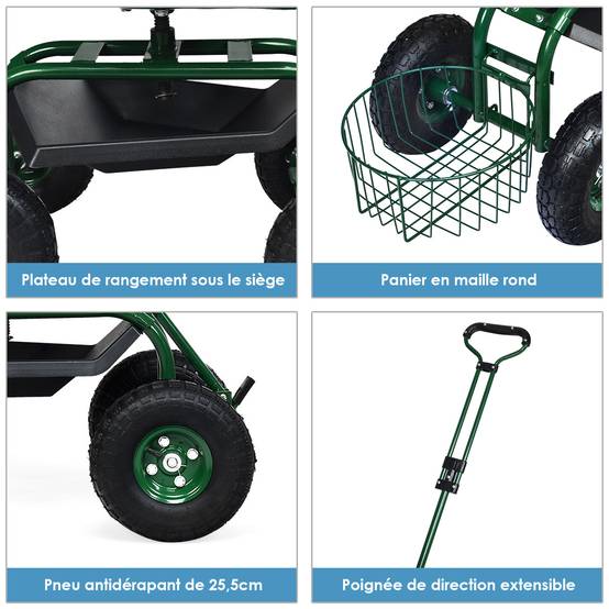 Chariot de Jardin avec Poignée Extensible Panier de Rangement et 2 Plateaux à Outils Scooter à 4 Roues 96,5 x 48,5 x 45,5-54,5 cm Vert - Image 8