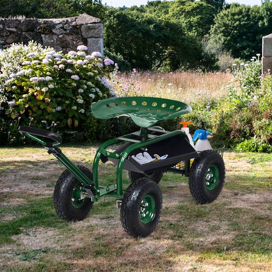 Chariot de Jardin avec Poignée Extensible Panier de Rangement et 2 Plateaux à Outils Scooter à 4 Roues 96,5 x 48,5 x 45,5-54,5 cm Vert - Image 2