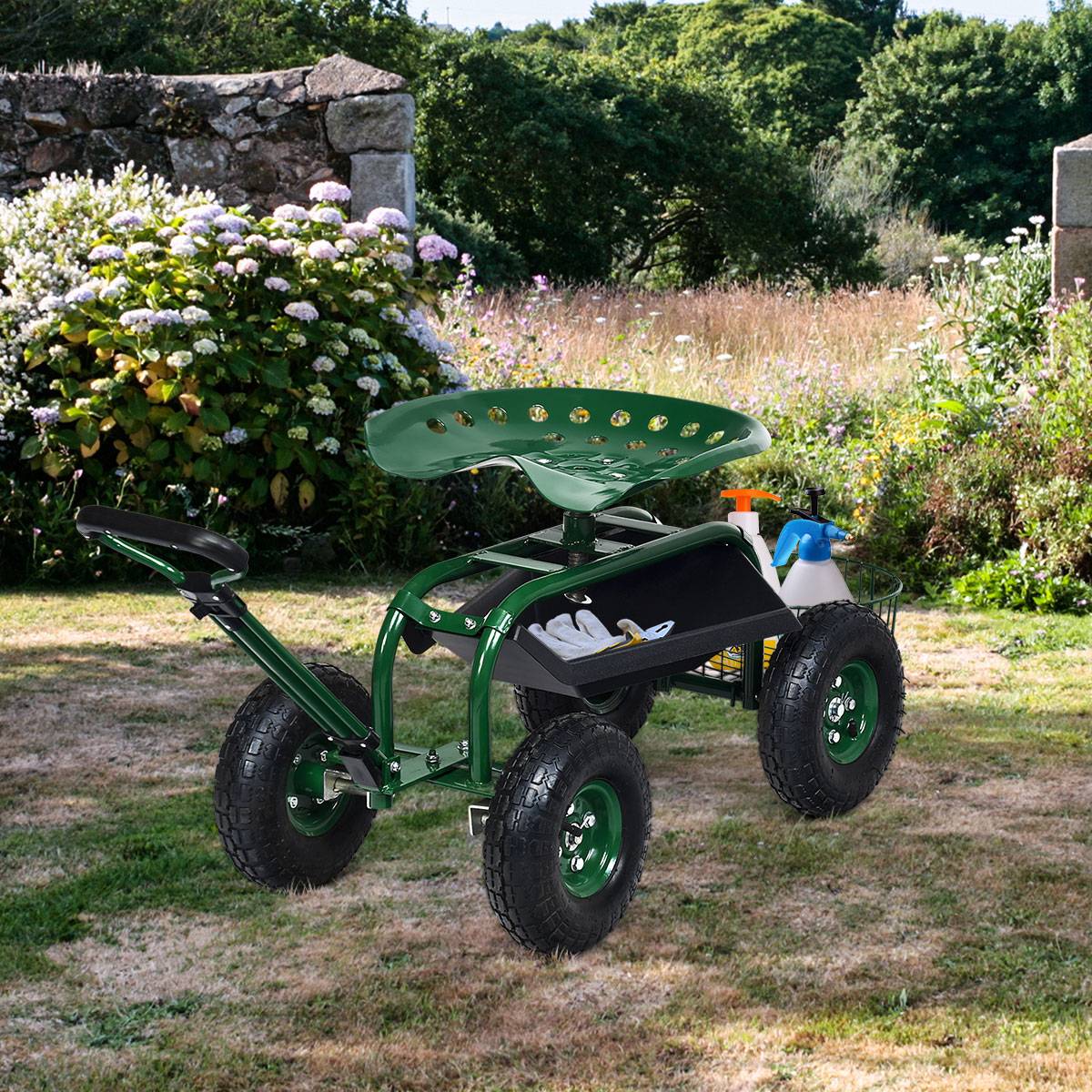 Chariot de Jardin avec Poignée Extensible Panier de Rangement et 2 Plateaux à Outils Scooter à 4 Roues 96,5 x 48,5 x 45,5-54,5 cm Vert - Image 2