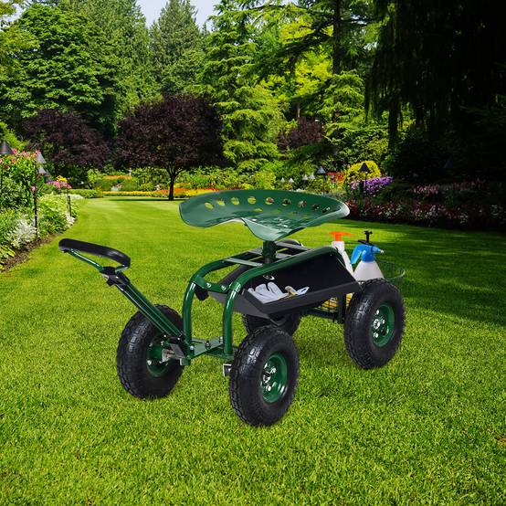 Chariot de Jardin avec Poignée Extensible Panier de Rangement et 2 Plateaux à Outils Scooter à 4 Roues 96,5 x 48,5 x 45,5-54,5 cm Vert - Image 4