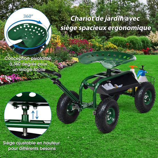 Chariot de Jardin avec Poignée Extensible Panier de Rangement et 2 Plateaux à Outils Scooter à 4 Roues 96,5 x 48,5 x 45,5-54,5 cm Vert - Image 9