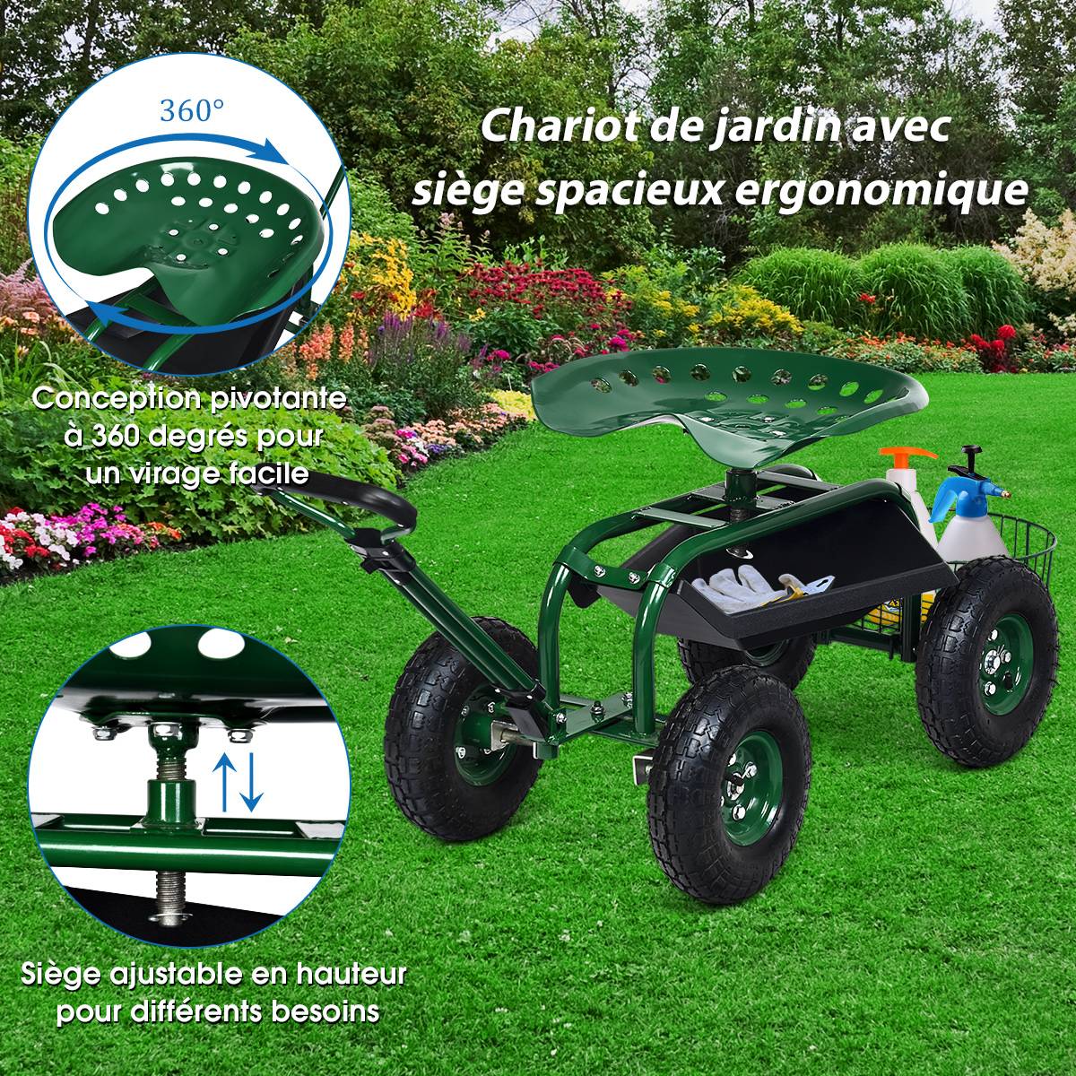 Chariot de Jardin avec Poignée Extensible Panier de Rangement et 2 Plateaux à Outils Scooter à 4 Roues 96,5 x 48,5 x 45,5-54,5 cm Vert - Image 9