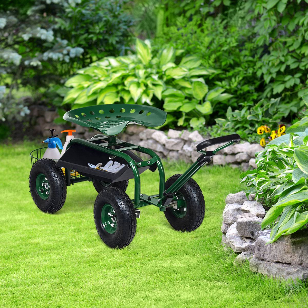 Chariot de Jardin avec Poignée Extensible Panier de Rangement et 2 Plateaux à Outils Scooter à 4 Roues 96,5 x 48,5 x 45,5-54,5 cm Vert - Image 3