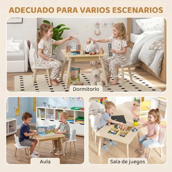 Ensemble table et 2 chaises enfant bois avec compartiments et ardoise démontable,60×60×44 cm naturel et blanc - Image 9