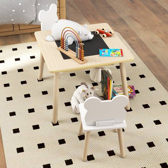Ensemble table et 2 chaises enfant bois avec compartiments et ardoise démontable,60×60×44 cm naturel et blanc - Image 10