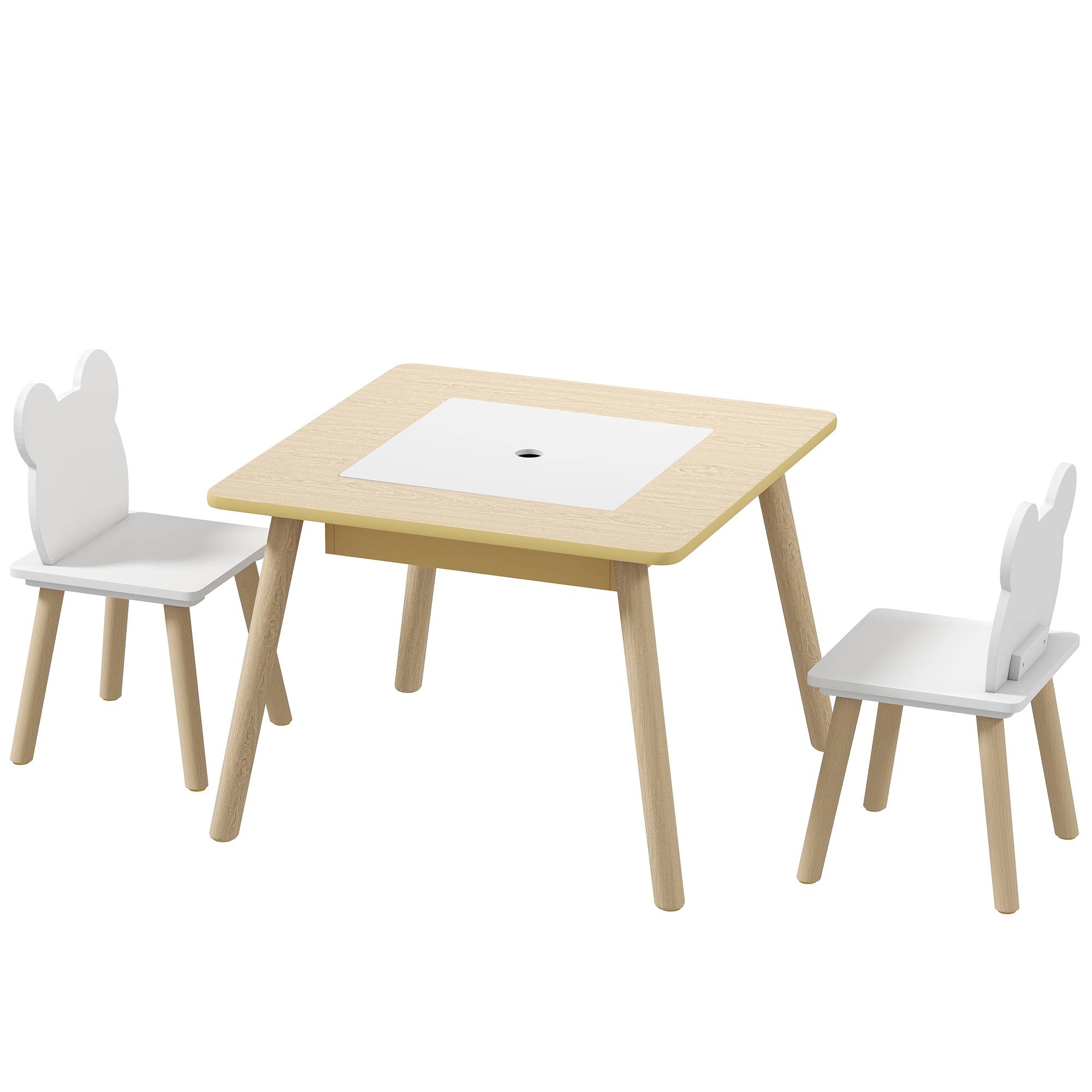 Ensemble table et 2 chaises enfant bois avec compartiments et ardoise démontable,60×60×44 cm naturel et blanc - Image 2