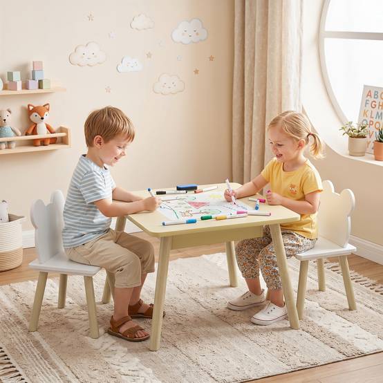 Ensemble table et 2 chaises enfant bois avec compartiments et ardoise démontable,60×60×44 cm naturel et blanc - Image 4