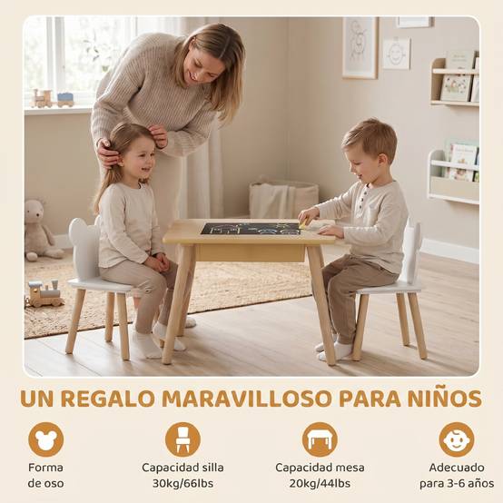 Ensemble table et 2 chaises enfant bois avec compartiments et ardoise démontable,60×60×44 cm naturel et blanc - Image 7