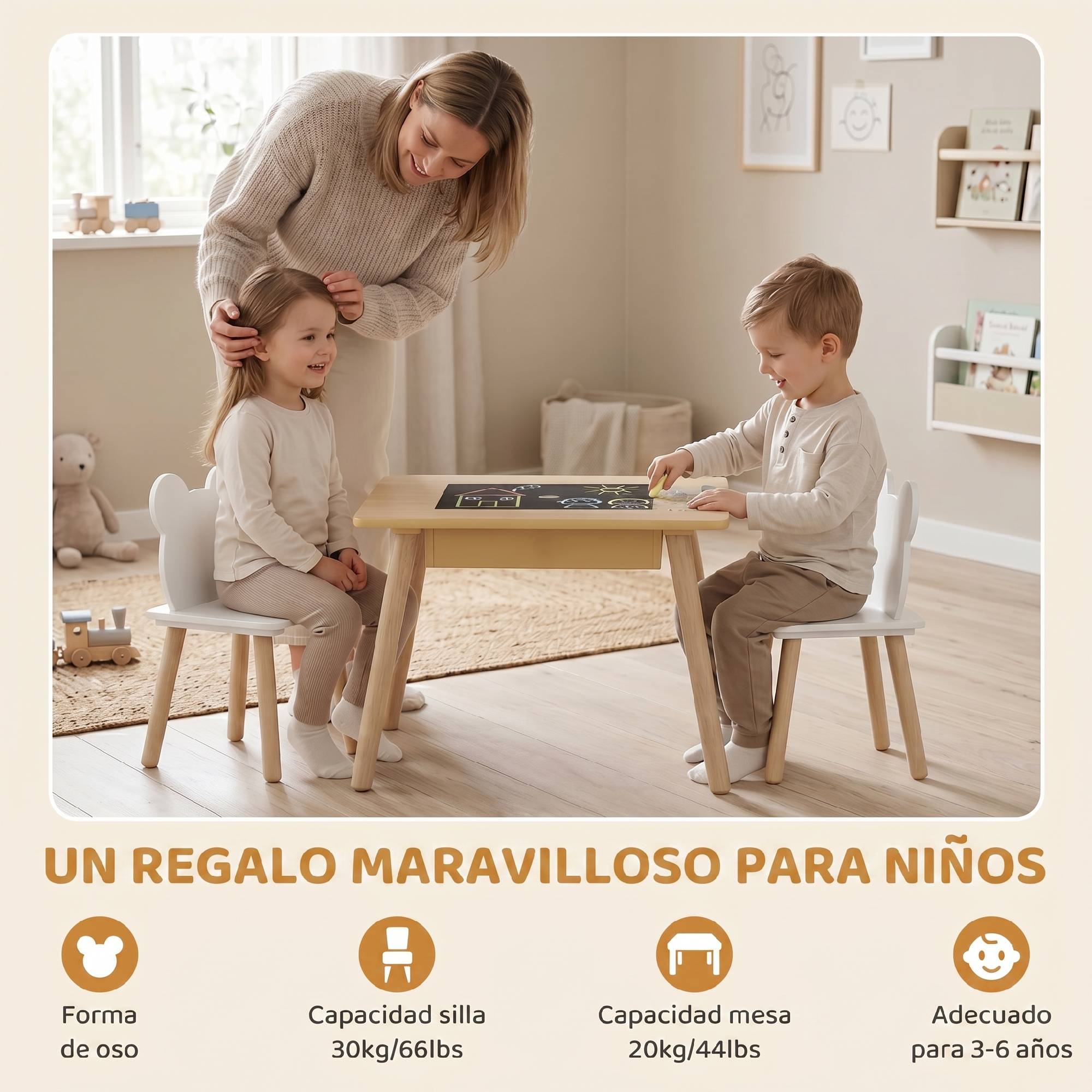 Ensemble table et 2 chaises enfant bois avec compartiments et ardoise démontable,60×60×44 cm naturel et blanc - Image 7