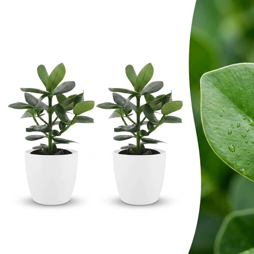 La Green Touch - Clusia rosea Princess - Arbre autographe - Lot de 2 plantes - Avec cache-pot blanc - Pot Ø12 cm, H 40 cm - Image 1