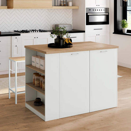 Ilot central TIBO 120 cm bois blanc avec plan de travail façon hêtre - Image 1