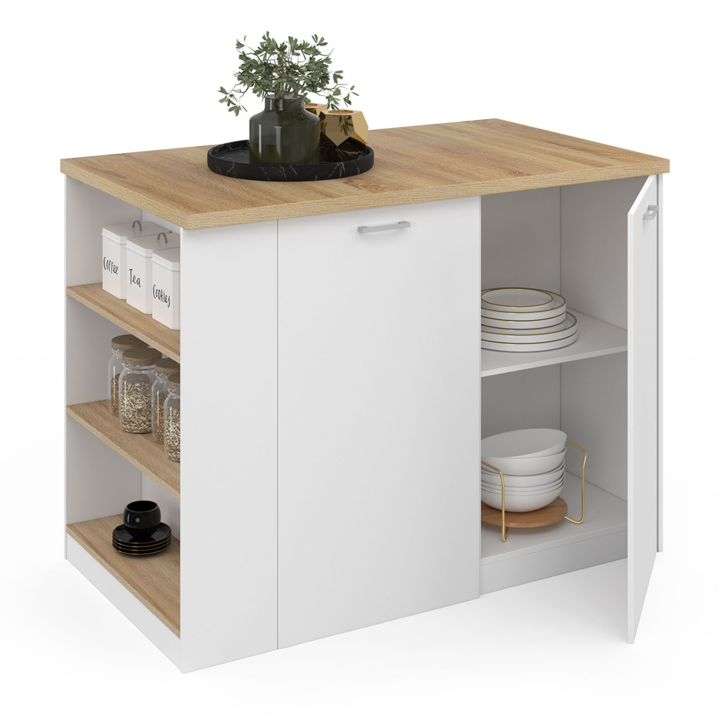 Ilot central TIBO 120 cm bois blanc avec plan de travail façon hêtre - Image 2