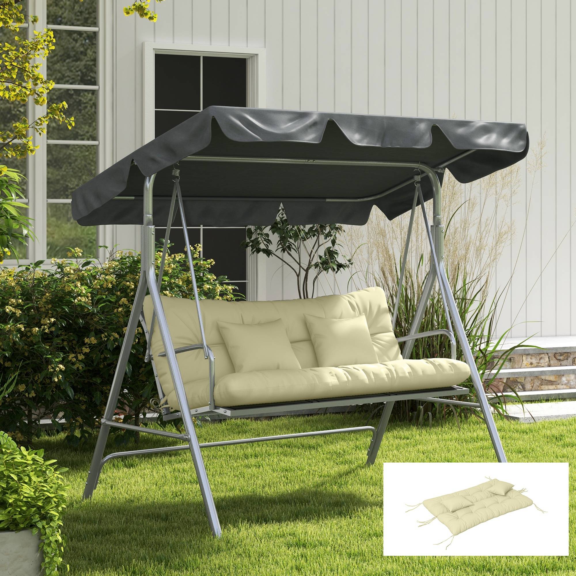 Lot de 4 coussins d'assise, 150 x 50 cm, coussins de chaise déperlants avec attaches, 10 cm d'épaisseur, blanc crème - Image 9