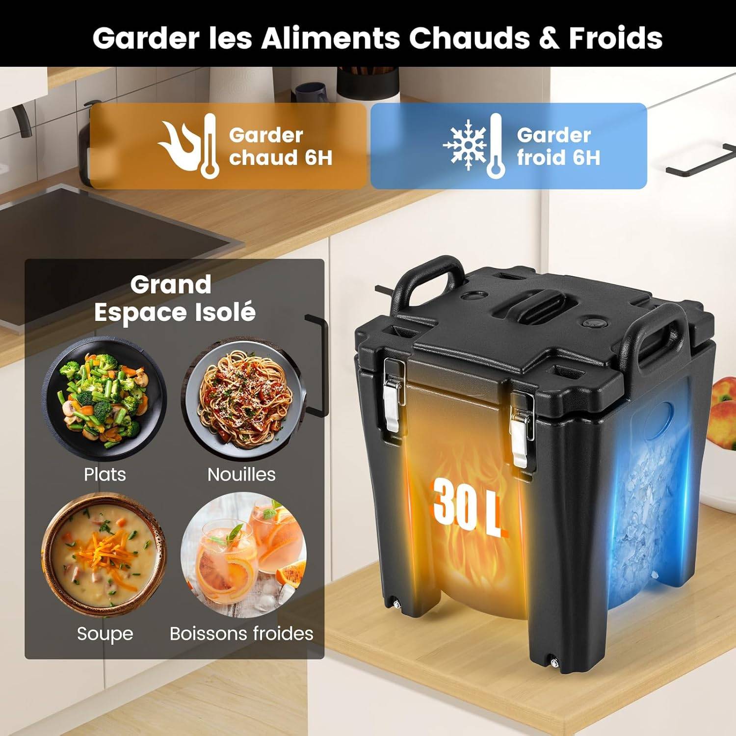COSTWAY Récipient à Soupe isolé Chauffe-plats Empilable de 30 L, Conteneur Isotherme Portable en Acier Inoxydable avec 2 Poignées Roues à Frein, Noir