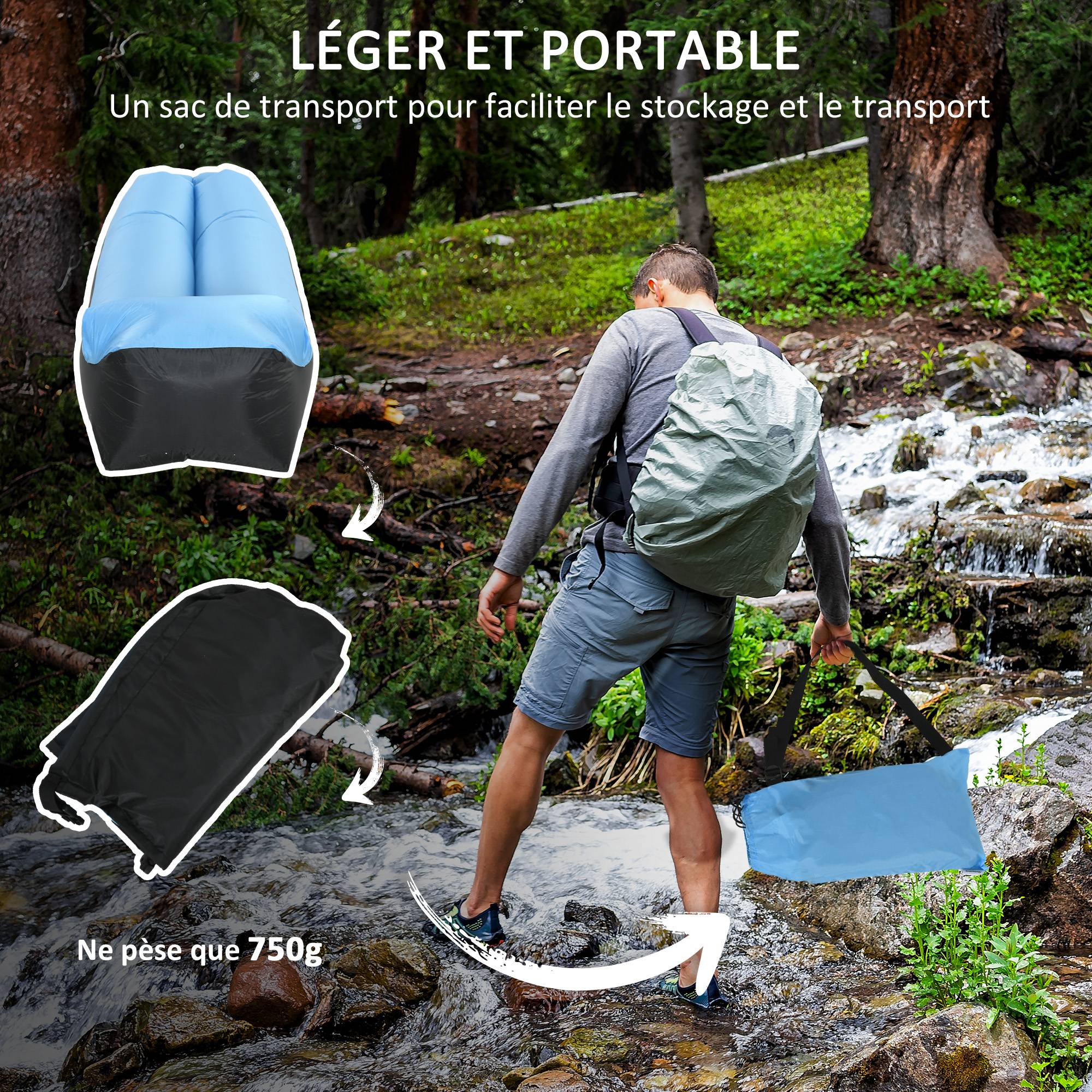 Outsunny - Hamac gonflable transat gonflable pliable en sac avec bandoulière double couche PE nylon bicolore bleu noir - Outsunny - Imagen 6
