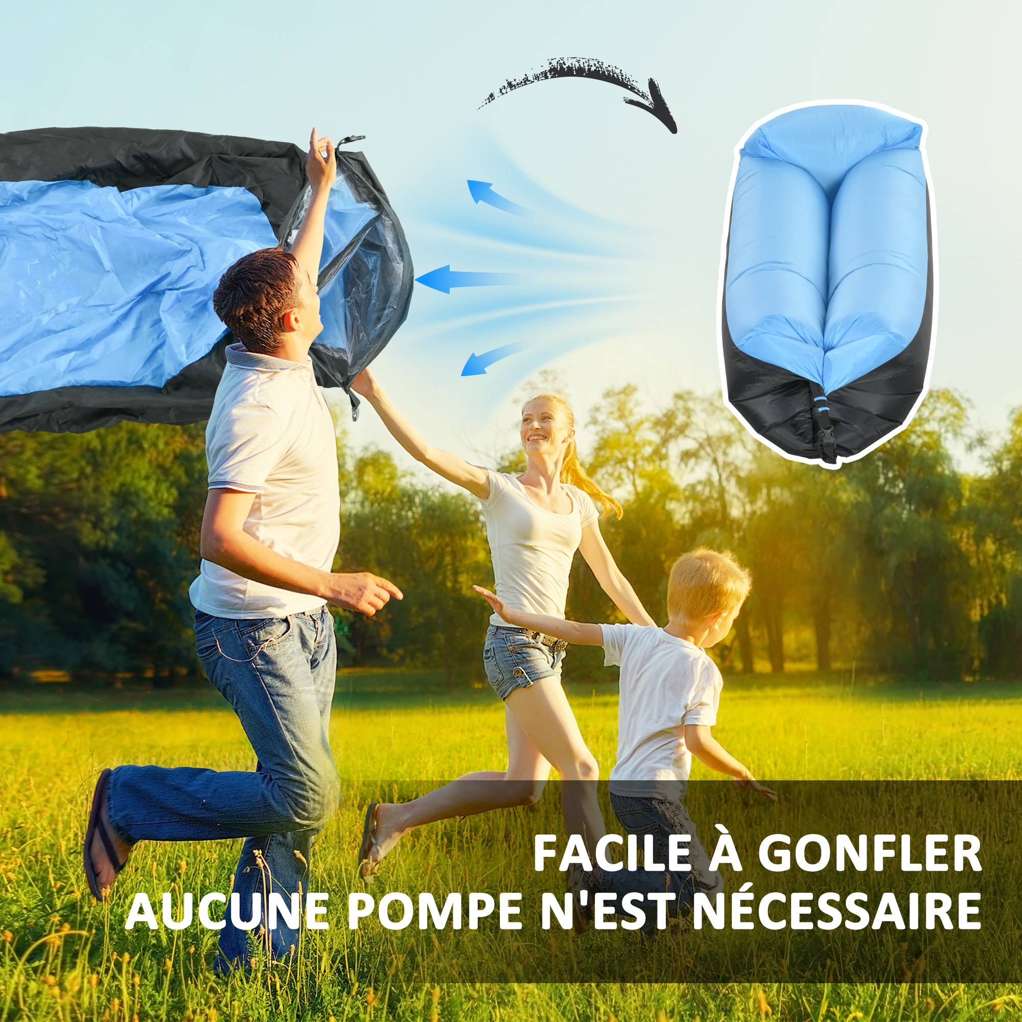 Outsunny - Hamac gonflable transat gonflable pliable en sac avec bandoulière double couche PE nylon bicolore bleu noir - Outsunny - Imagen 4