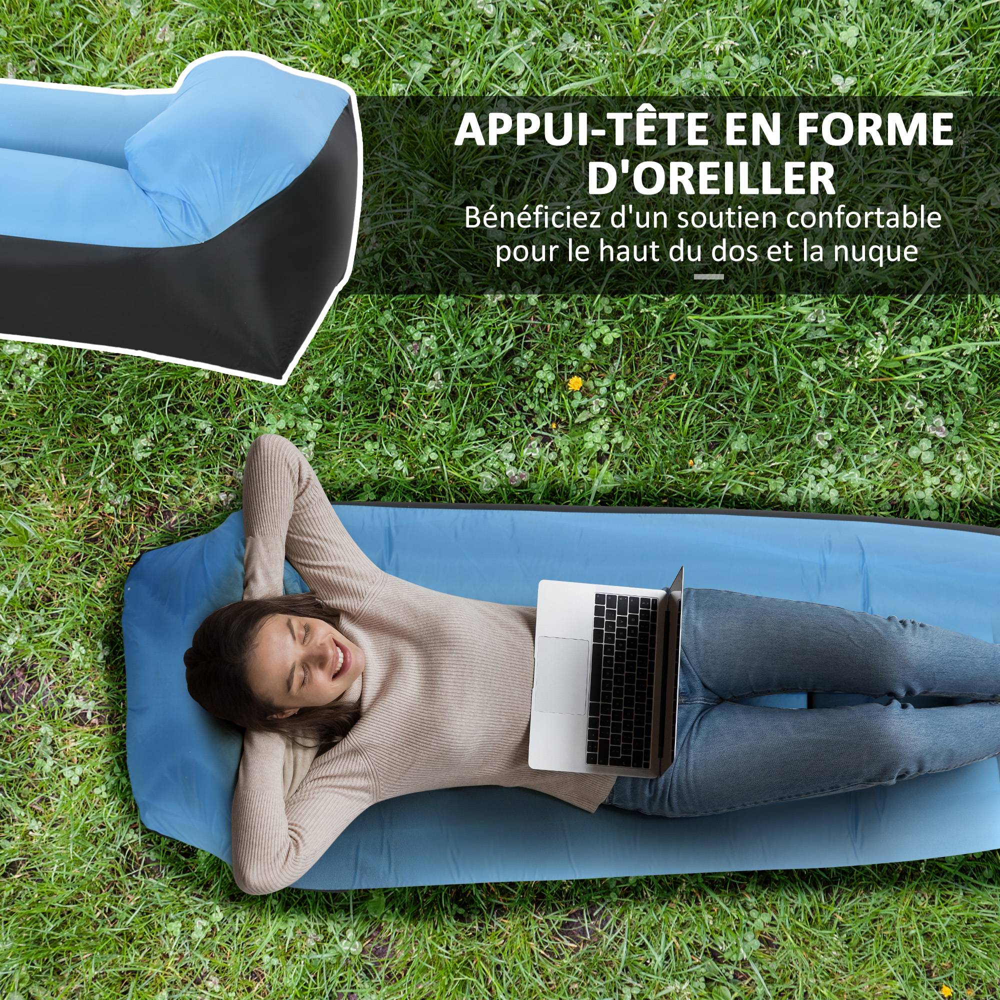Outsunny - Hamac gonflable transat gonflable pliable en sac avec bandoulière double couche PE nylon bicolore bleu noir - Outsunny - Imagen 5