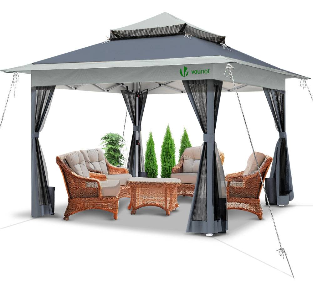 VOUNOT® Tonnelle de jardin extérieure 3,6x3,6m pliable avec moustiquaire gris - Image 1