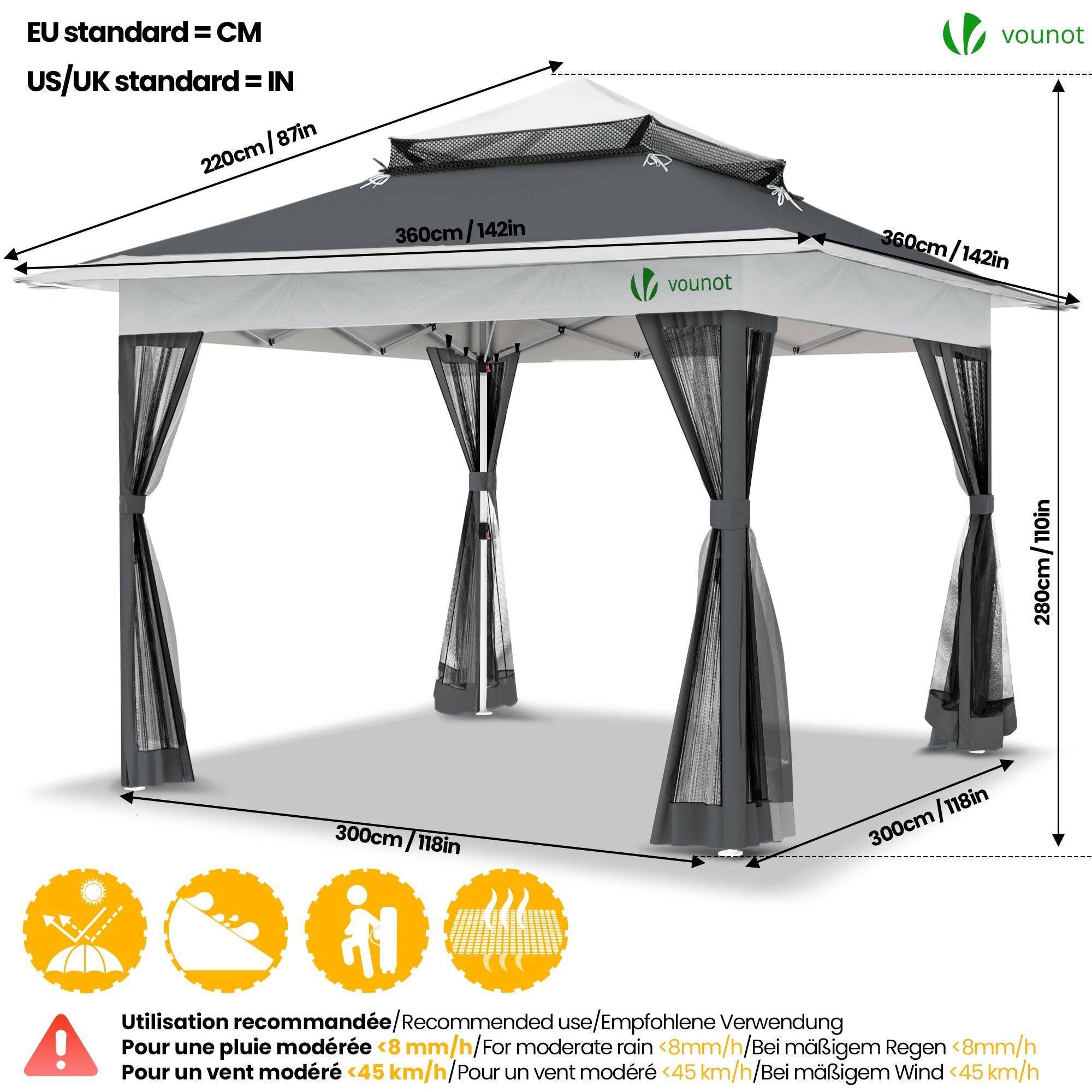 VOUNOT® Tonnelle de jardin extérieure 3,6x3,6m pliable avec moustiquaire gris - Image 5