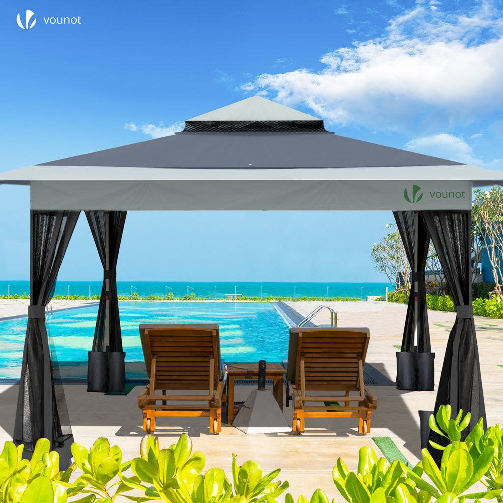 VOUNOT® Tonnelle de jardin extérieure 3,6x3,6m pliable avec moustiquaire gris - Image 2