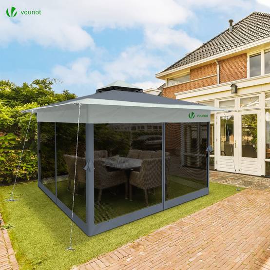 VOUNOT® Tonnelle de jardin extérieure 3,6x3,6m pliable avec moustiquaire gris - Image 3