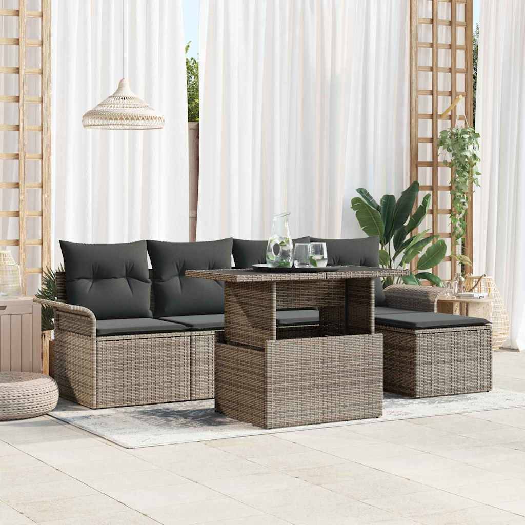 Salon de jardin 5 places Gris 6 pcs polyrotin modulable avec pouf et table – ComfortXL Outdoor Living - Image 1