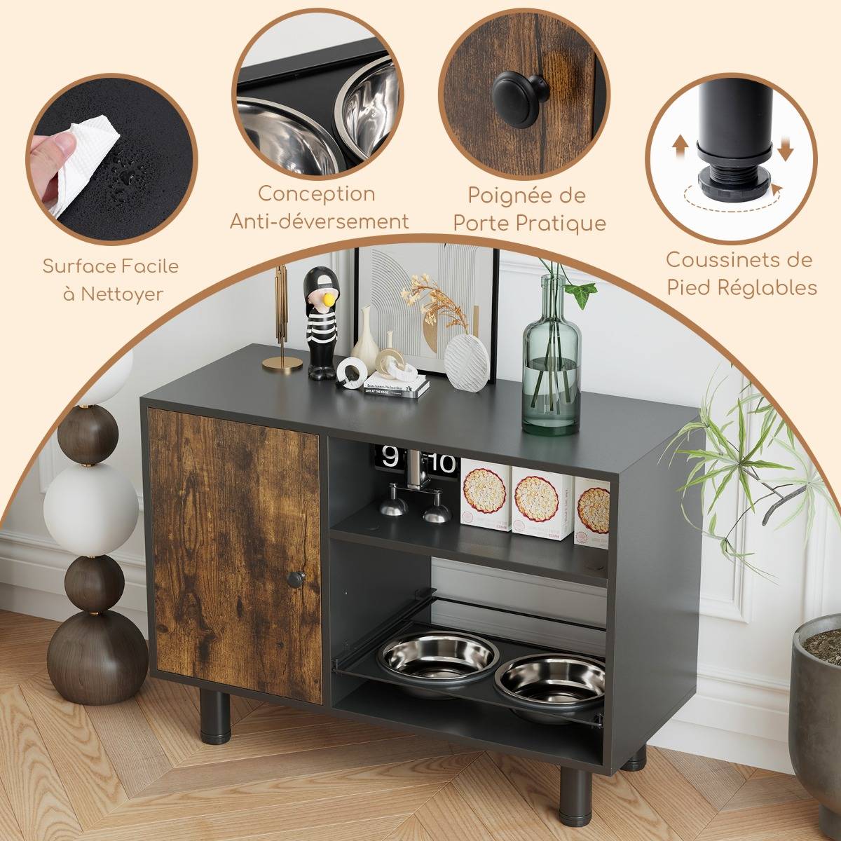 Station d'Alimentation Élevée Armoire de Rangement pour Nourriture de Chien Réglable avec 2 Bols Surélevés Marron - Image 5
