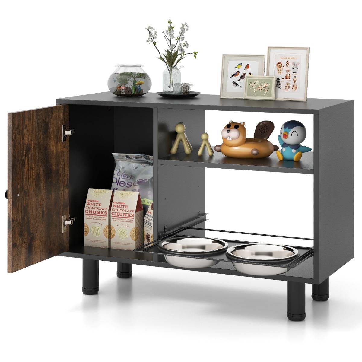 Station d'Alimentation Élevée Armoire de Rangement pour Nourriture de Chien Réglable avec 2 Bols Surélevés Marron - Image 1