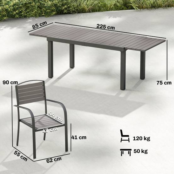 Ensemble de jardin 7 pièces table extensible et 6 chaises, style bois, cadre aluminium avec design à lattes - Image 3