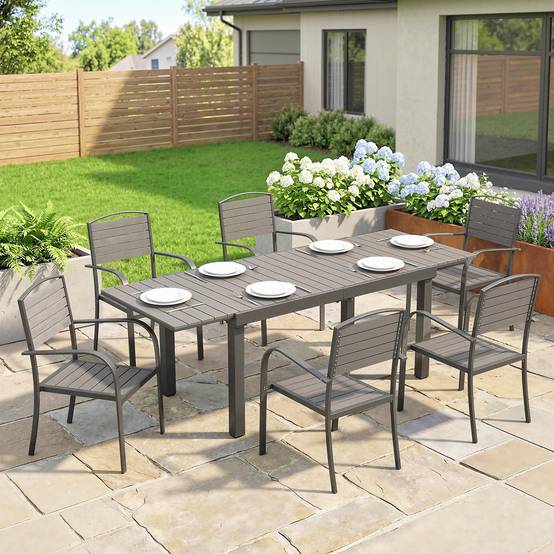 Ensemble de jardin 7 pièces table extensible et 6 chaises, style bois, cadre aluminium avec design à lattes - Image 2