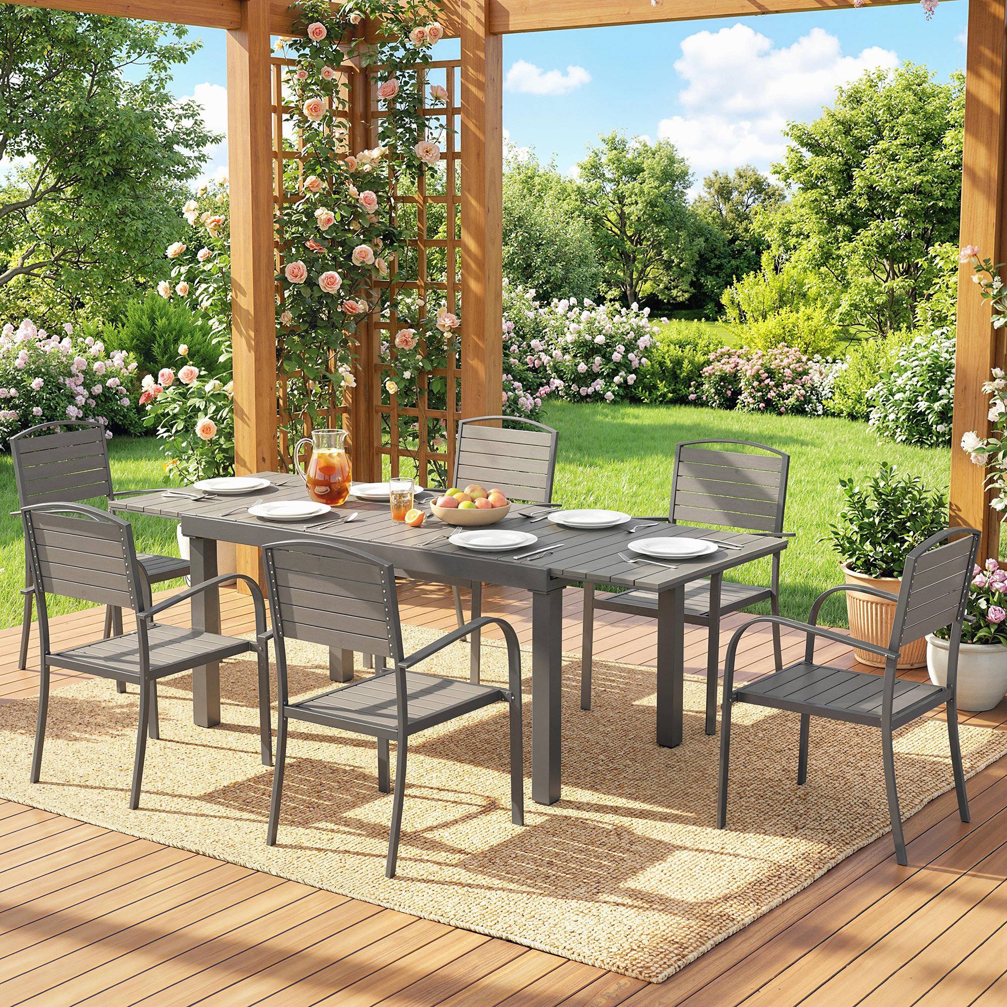 Ensemble de jardin 7 pièces table extensible et 6 chaises, style bois, cadre aluminium avec design à lattes - Image 9