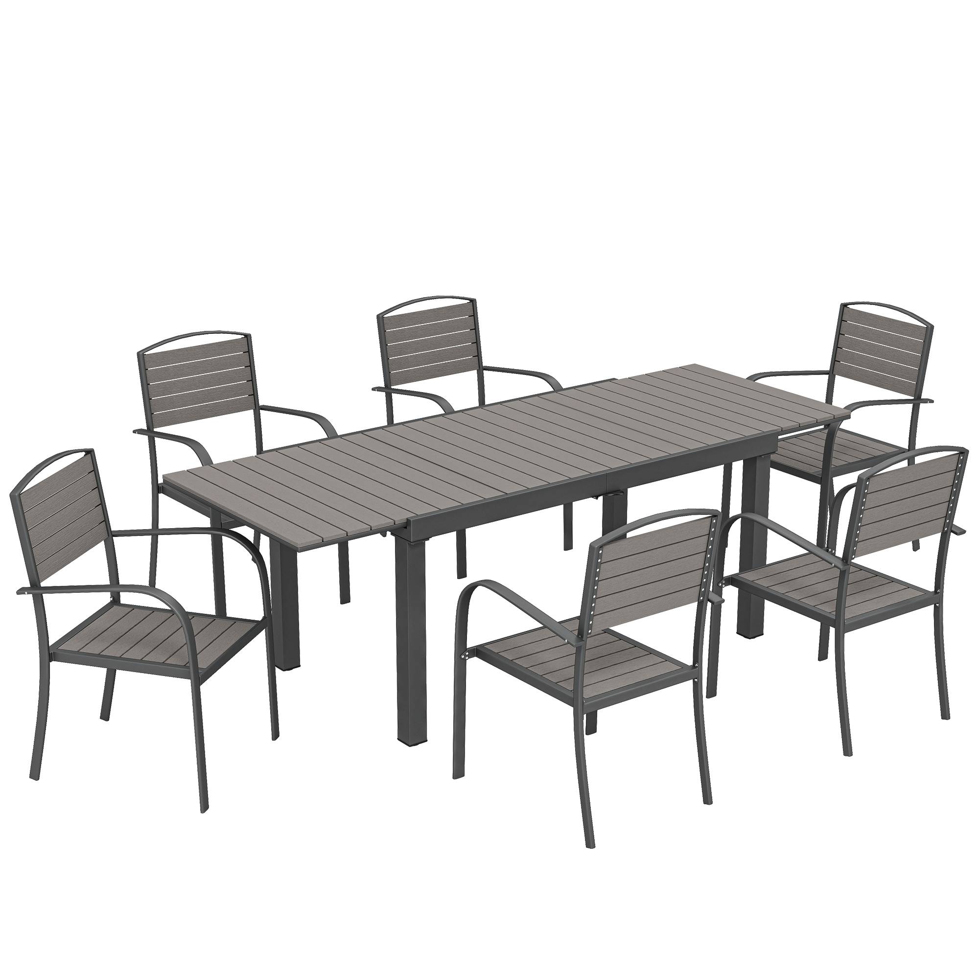 Ensemble de jardin 7 pièces table extensible et 6 chaises, style bois, cadre aluminium avec design à lattes - Image 1