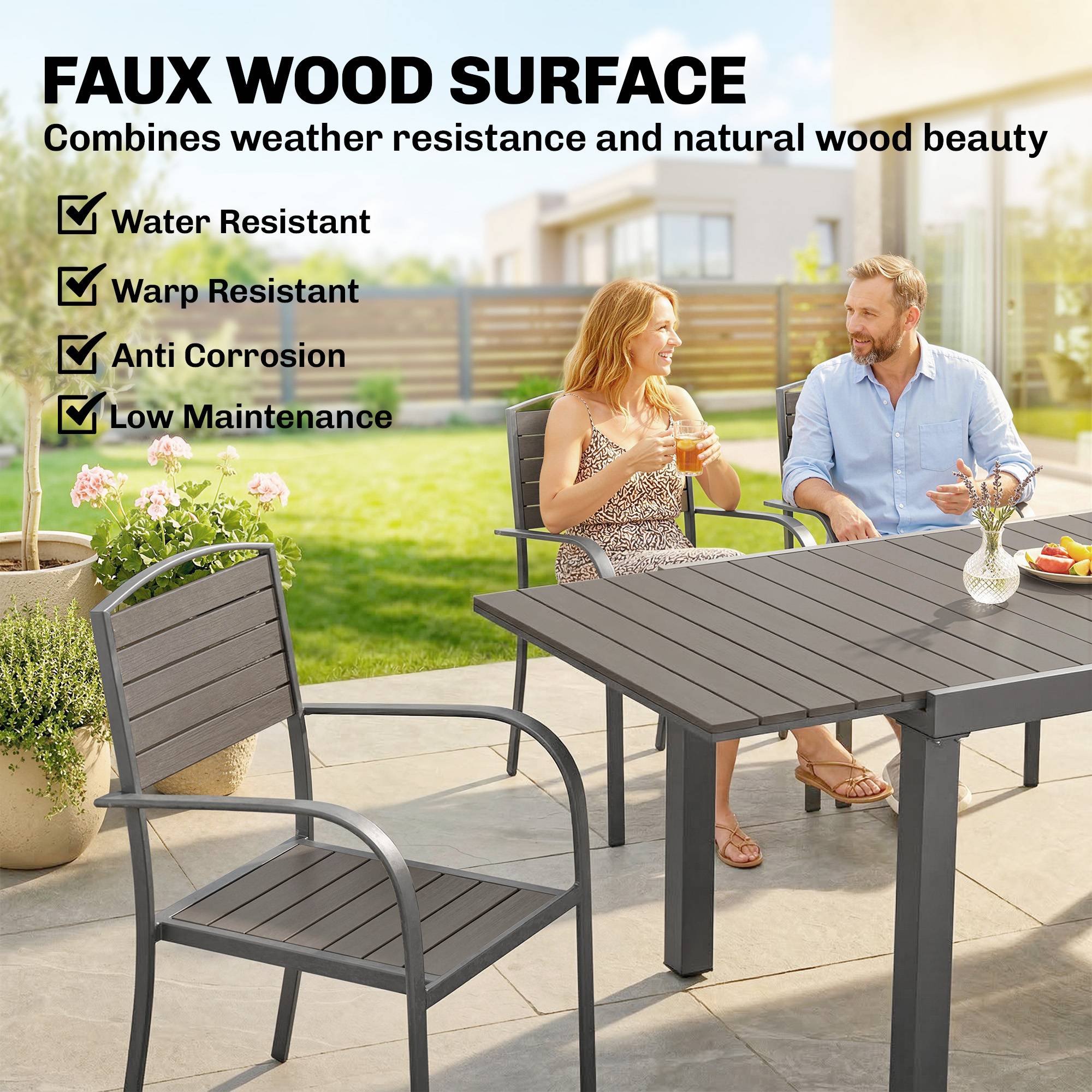Ensemble de jardin 7 pièces table extensible et 6 chaises, style bois, cadre aluminium avec design à lattes - Image 6