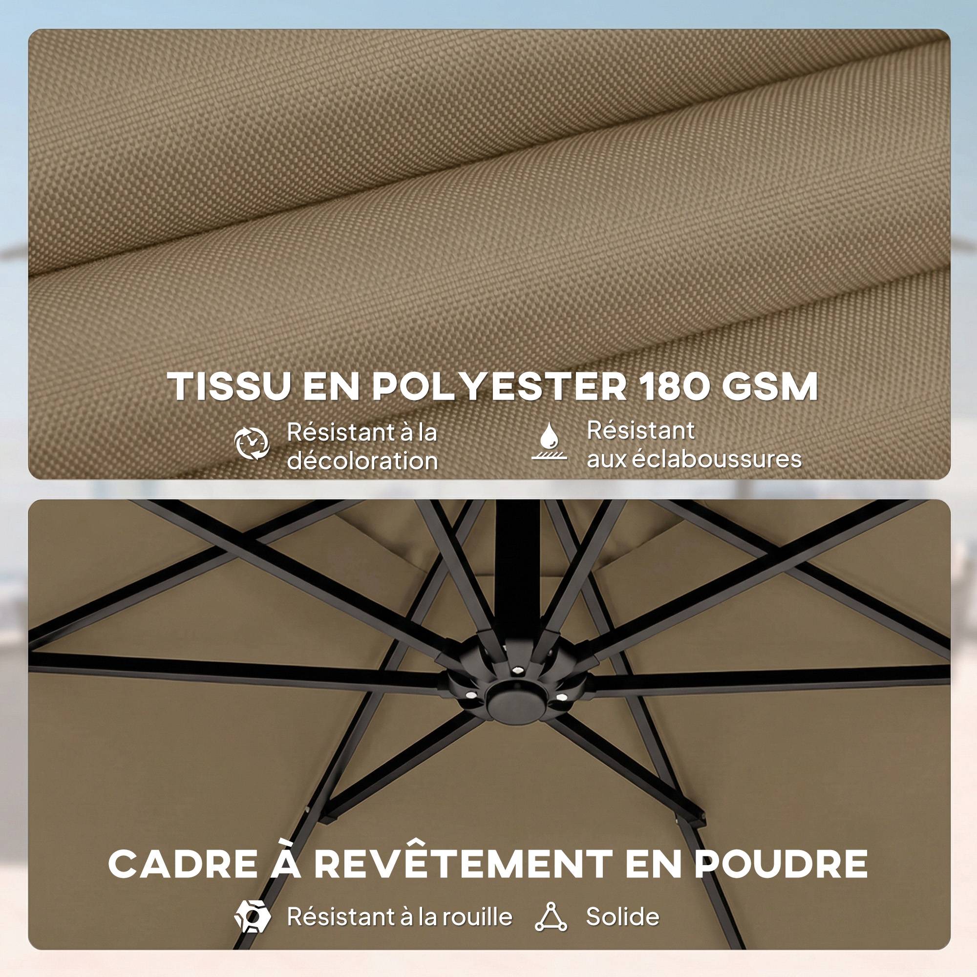 Parasol déporté rond en polyester et métal kaki 300 x 300 x 235 cm - PANGIVO - Image 10