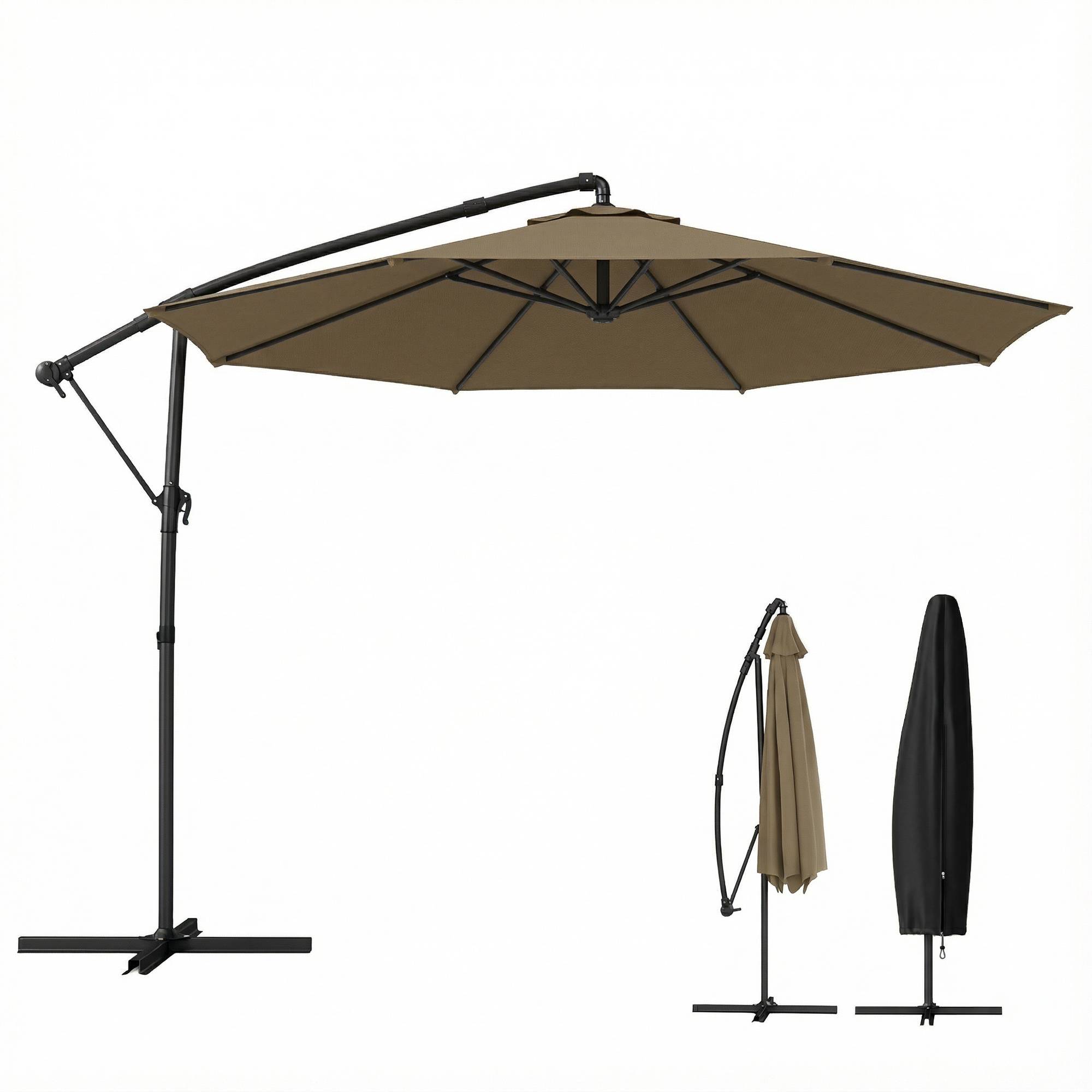 Parasol déporté rond en polyester et métal kaki 300 x 300 x 235 cm - PANGIVO - Image 1