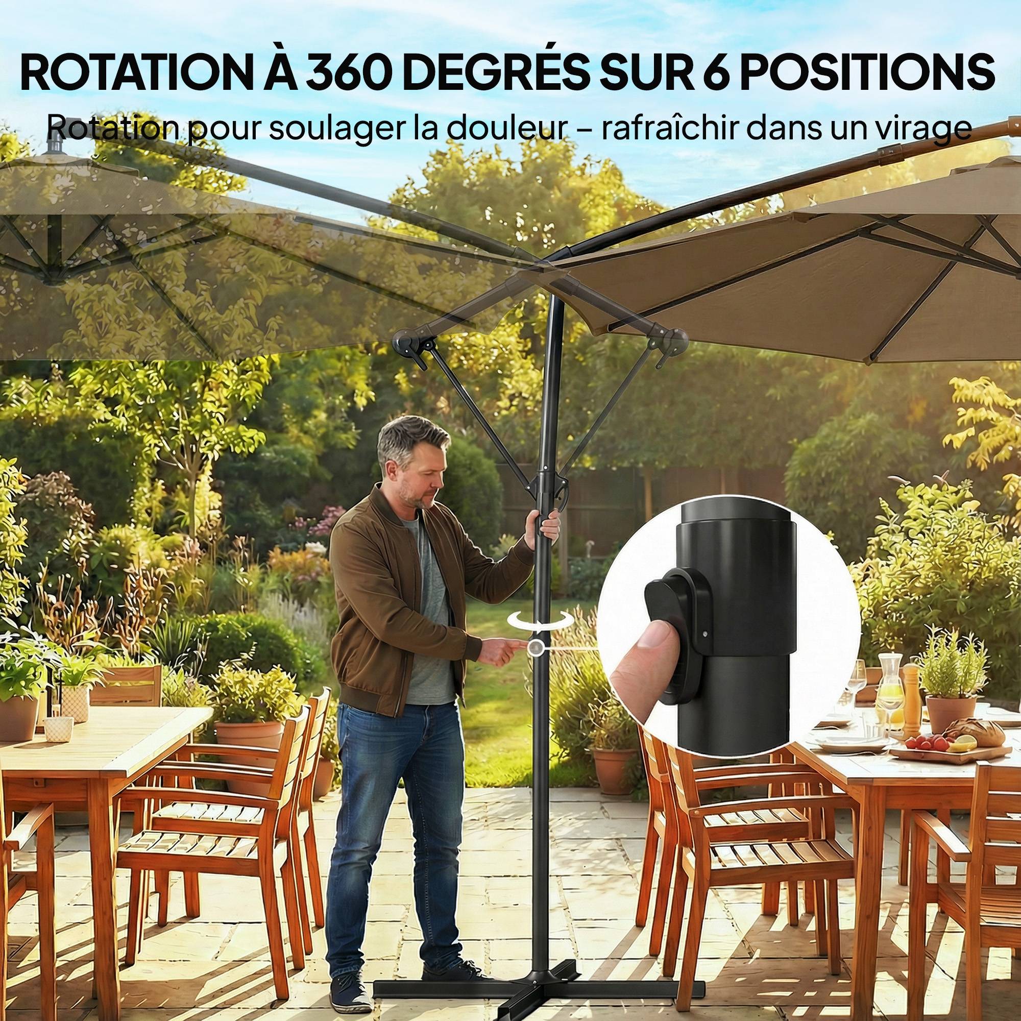 Parasol déporté rond en polyester et métal kaki 300 x 300 x 235 cm - PANGIVO - Image 8