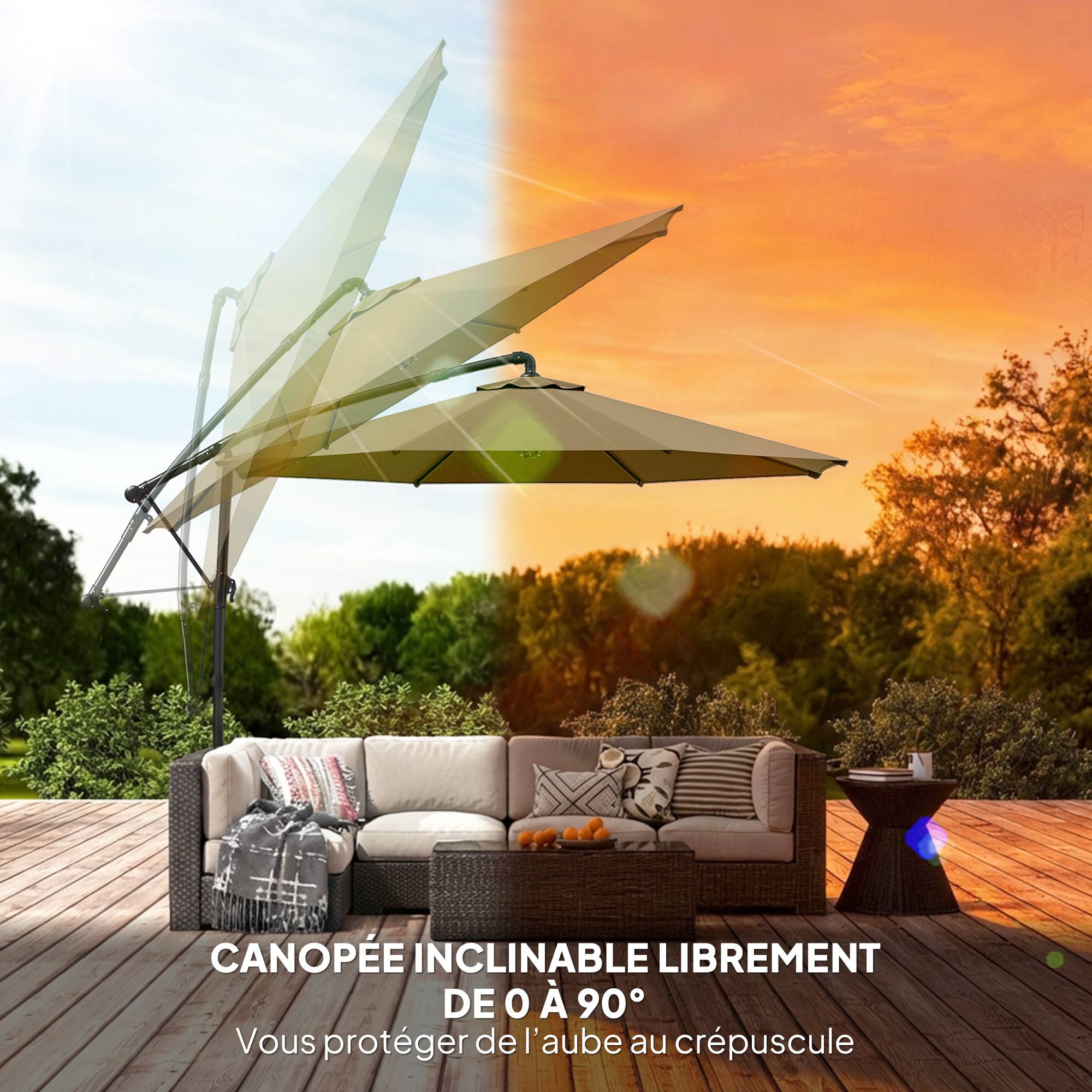 Parasol déporté rond en polyester et métal kaki 300 x 300 x 235 cm - PANGIVO - Image 7