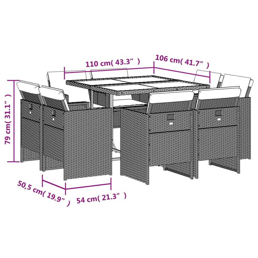 Table et Chaises de Jardin 8 Personnes Encastrables Résine Tressée Beige Coussins Gris – ComfortXL Outdoor Living - Image 5